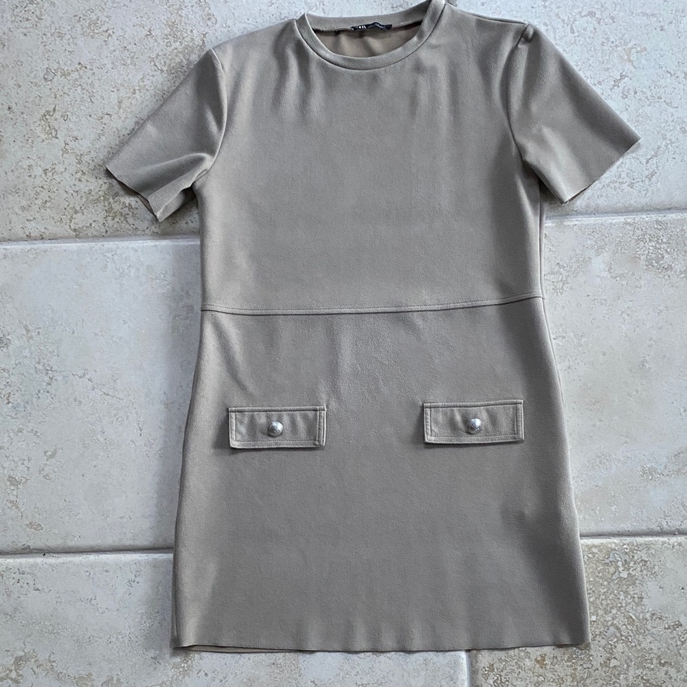 Zara Taupe Short Sleeve Mini Dress with Pocket Flaps